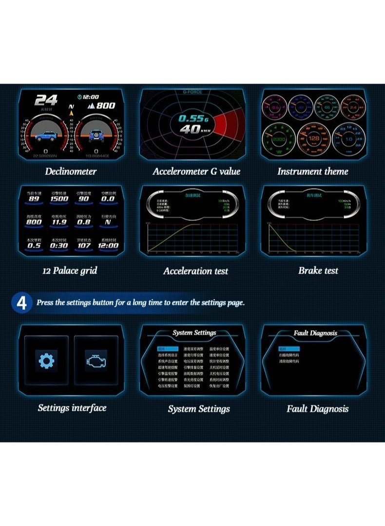 شاشة عرض HUD لرأس السيارة، أداة ذكية متعددة الوظائف داخل السيارة، شاشة عرض LCD عالية الوضوح العالمية، تعديل OBD. - Image 5